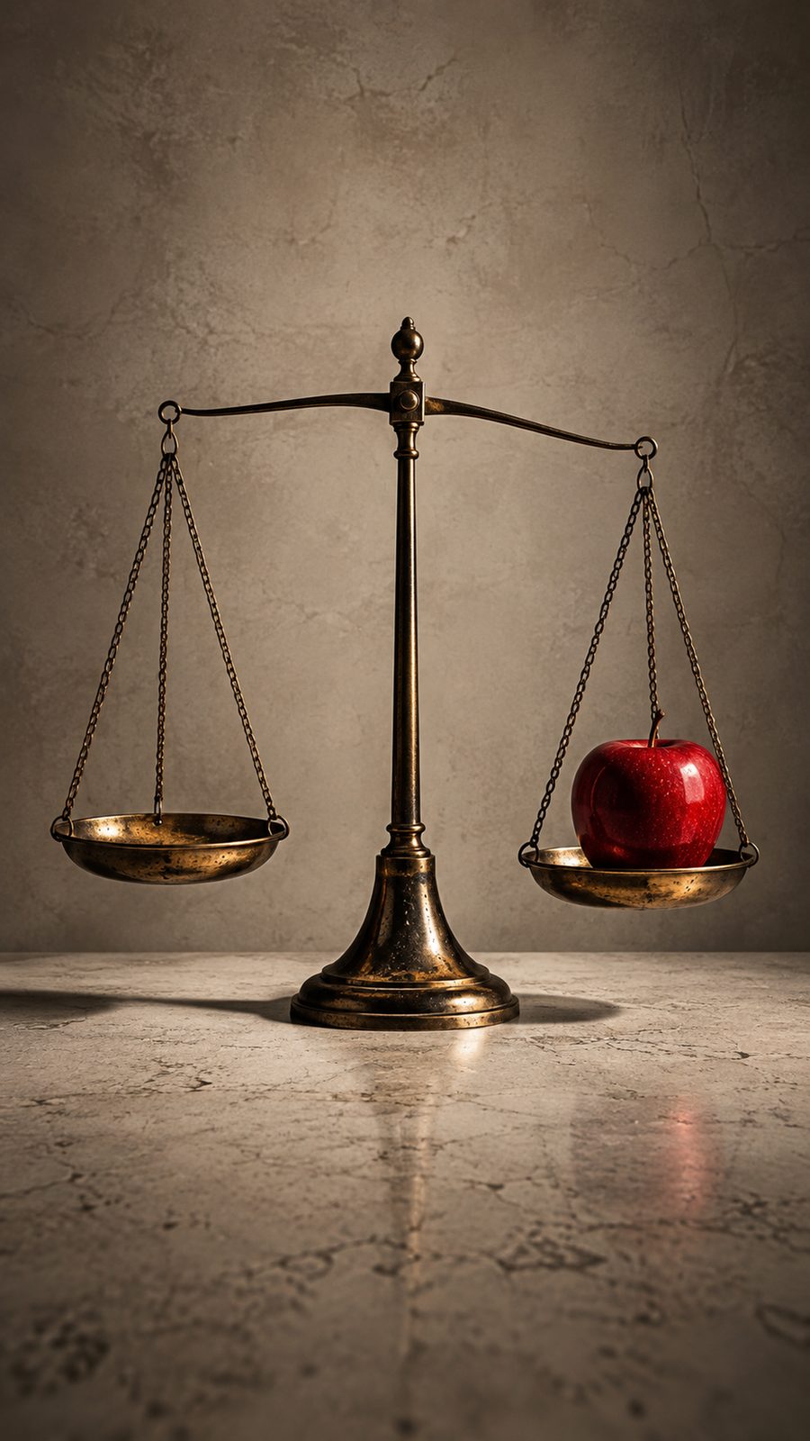 A brass scale weighing a red apple